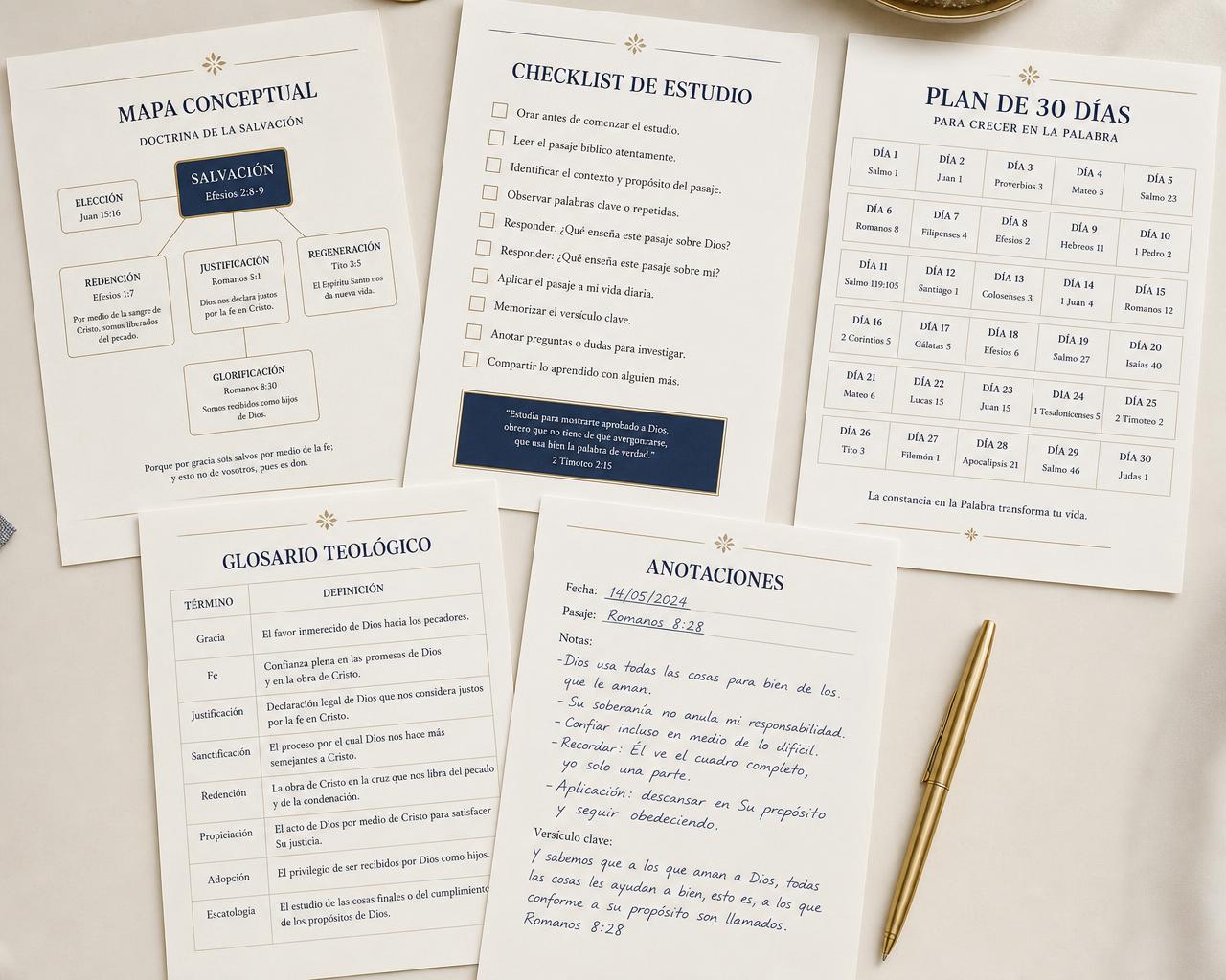 Páginas internas: mapa conceptual, checklist de estudio, plan de 30 días, glosario teológico y anotaciones