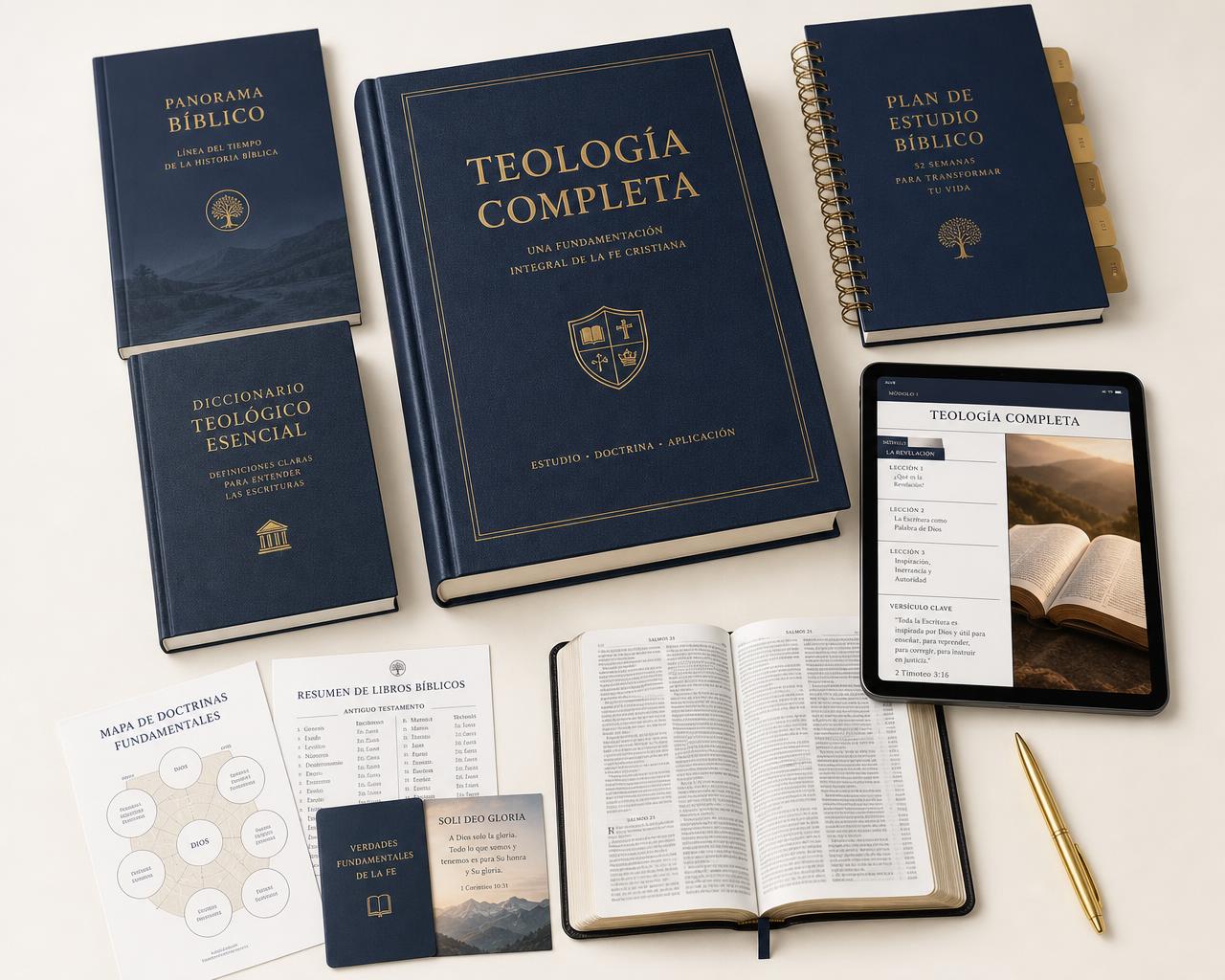 Composición del kit Teología Completa con sus tres bonos, fichas y tablet